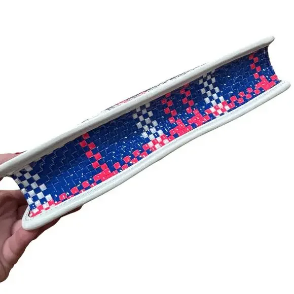 Kate spade clutch purse with dustbag blue white pink woven plaid front flap chic